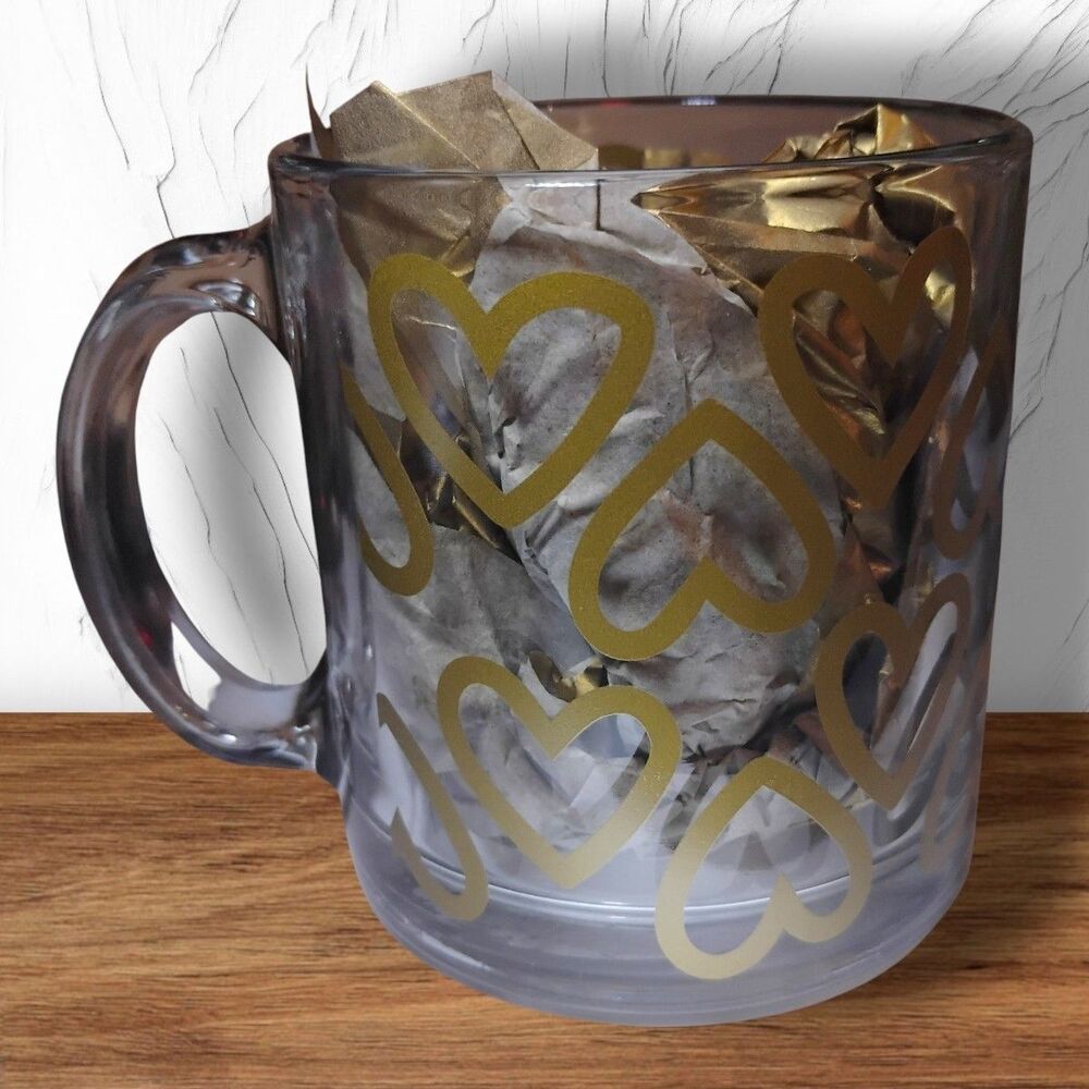 Valentine's 13oz Clear Glass Mug Target Spritz Gold Hearts NEW